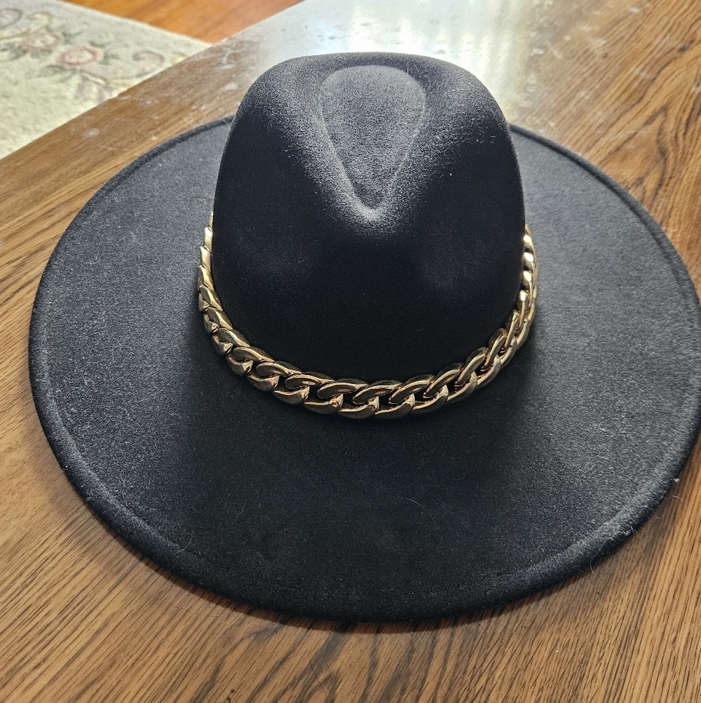 Black Wide-Brim Fedora Hat with Gold Chain Trim